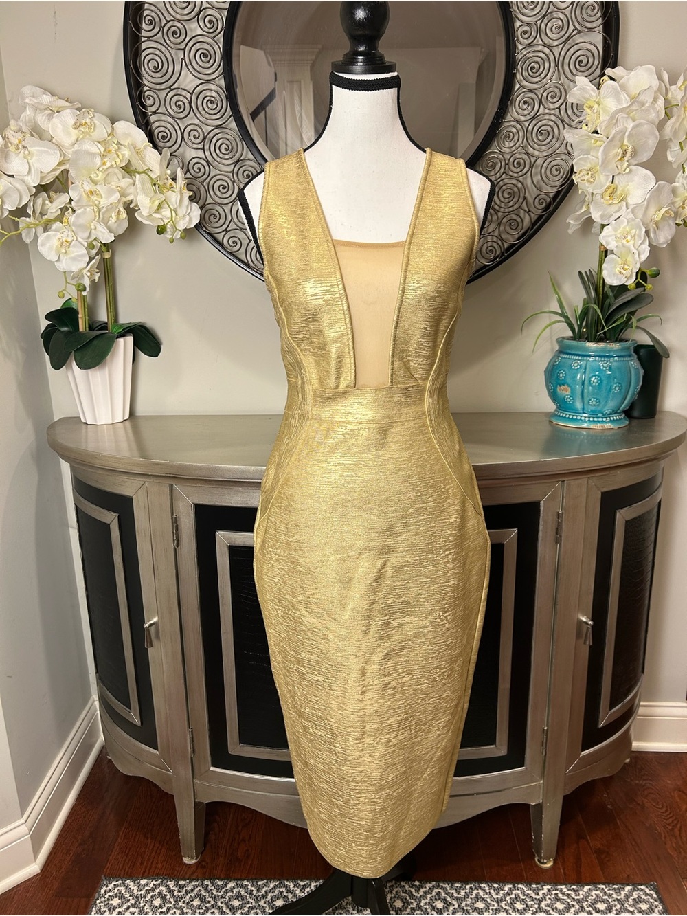 Gold Metallic Bodycon Midi Dress L Plunge Illusion Mesh Cocktail Party Sexy